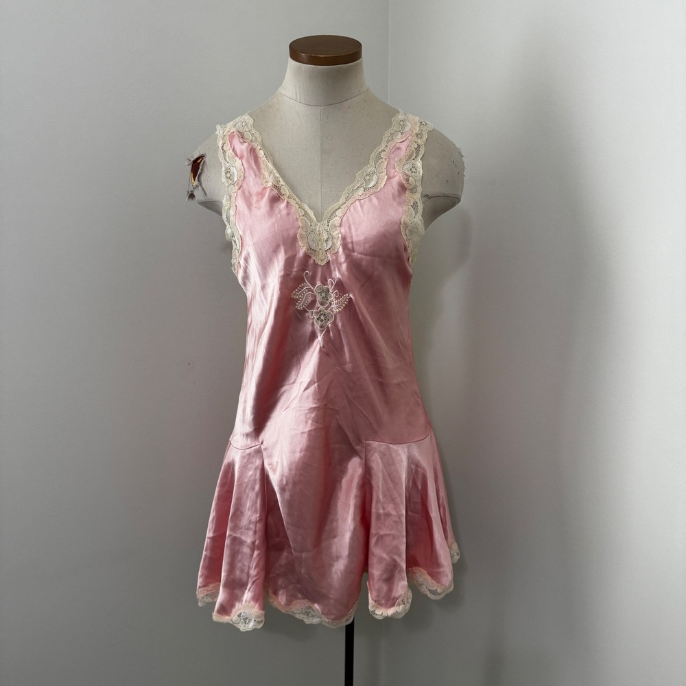 Vintage Entice Small Pink Satin & Lace Mini Slip Dress Coquette Fairy Y2K Dainty